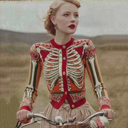 Chunky knit cardigan with red ribcage skeleton graphic and buttoned front, striped cuffs