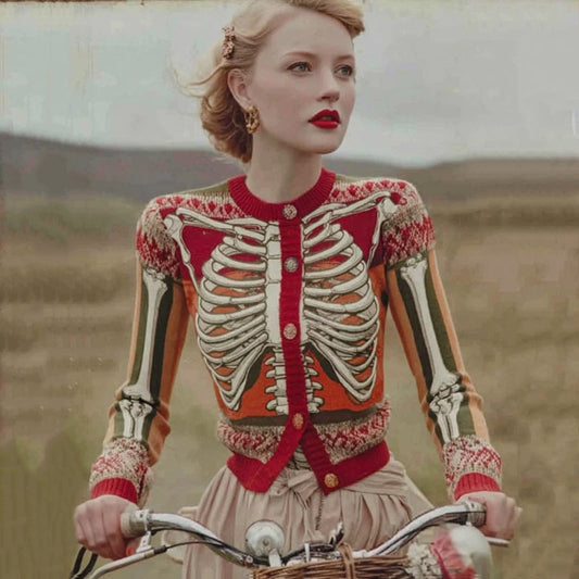 Chunky knit cardigan with red ribcage skeleton graphic and buttoned front, striped cuffs