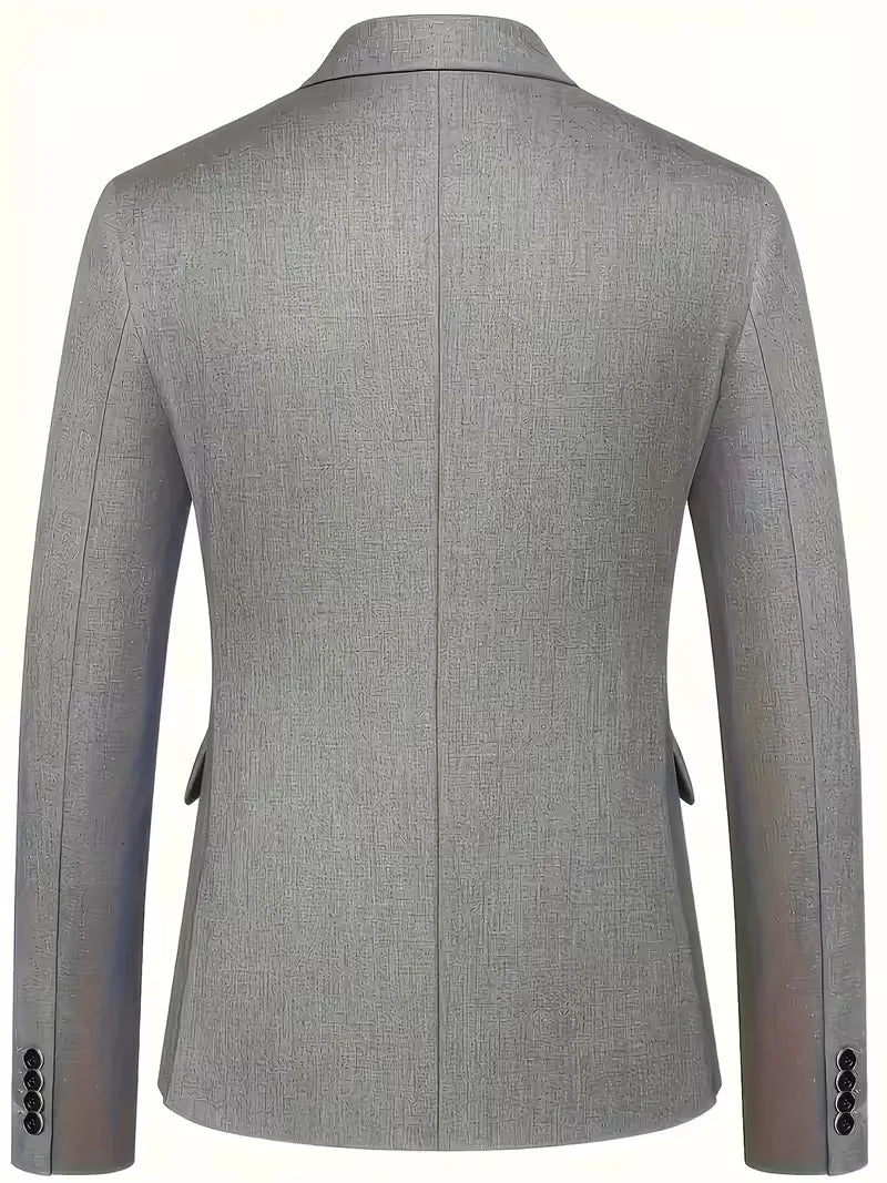 Men's slim double-breasted suit jacket, grey with notched lapels and black buttons