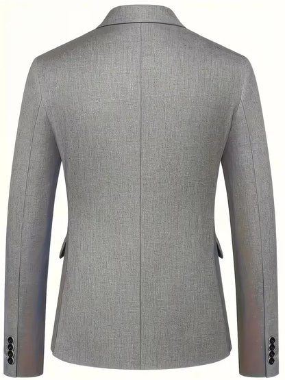 Men's slim double-breasted suit jacket, grey with notched lapels and black buttons