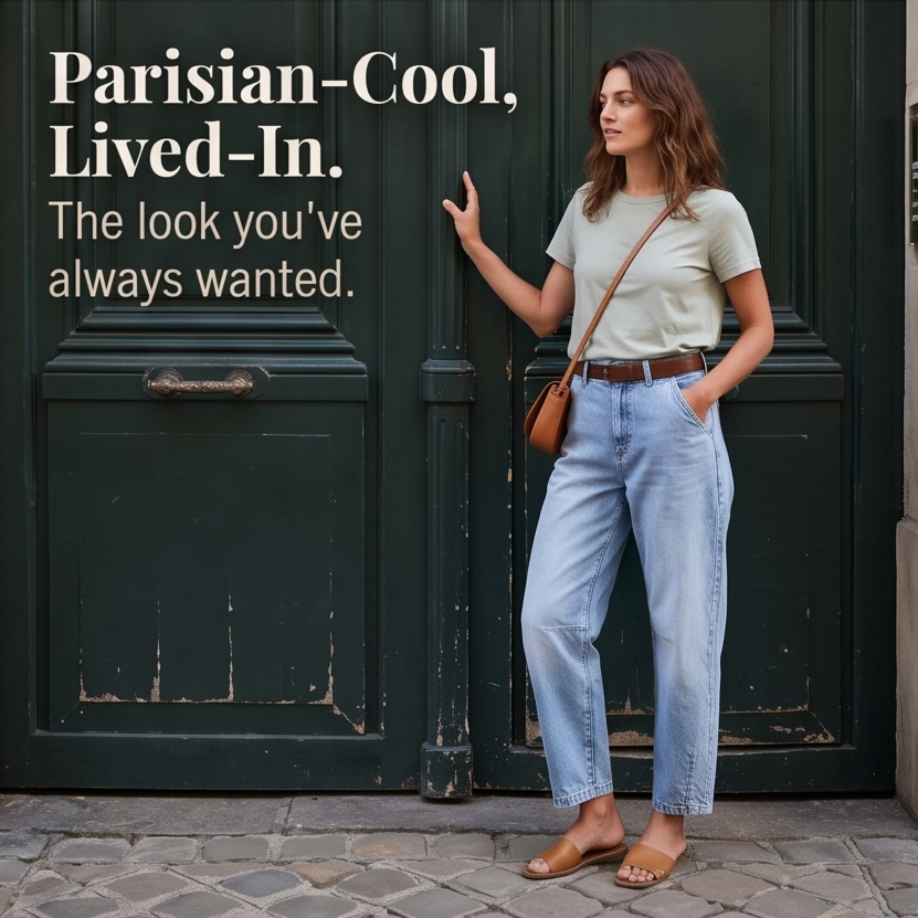Women’s high-waisted cropped barrel jeans, light blue denim with slight taper at the hem