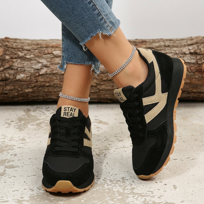 Orthopaedic comfort trainers in black with beige panels, lace-up and rubber outsole