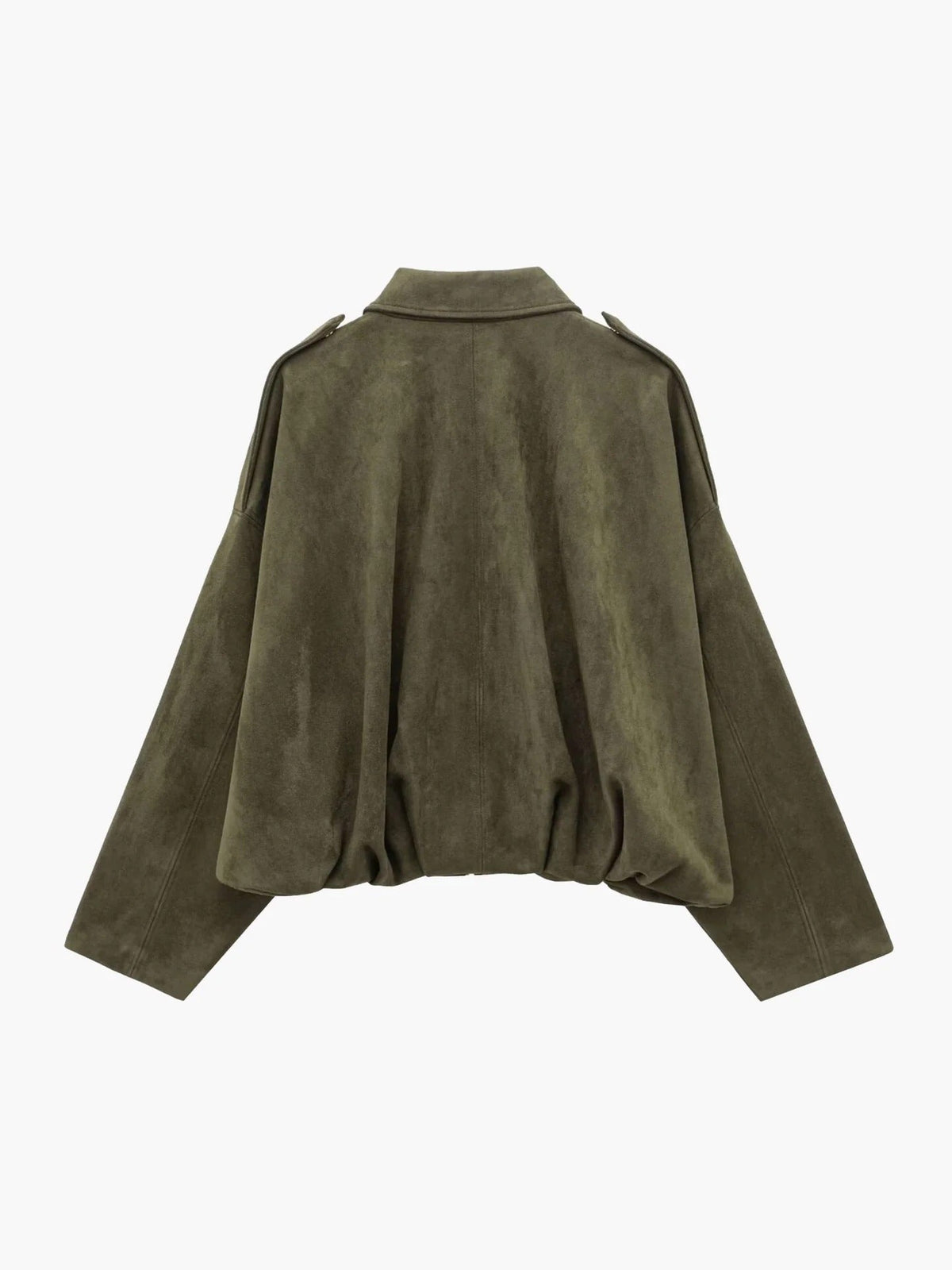 Faux suede collared bomber jacket, olive green, back view with ribbed collar