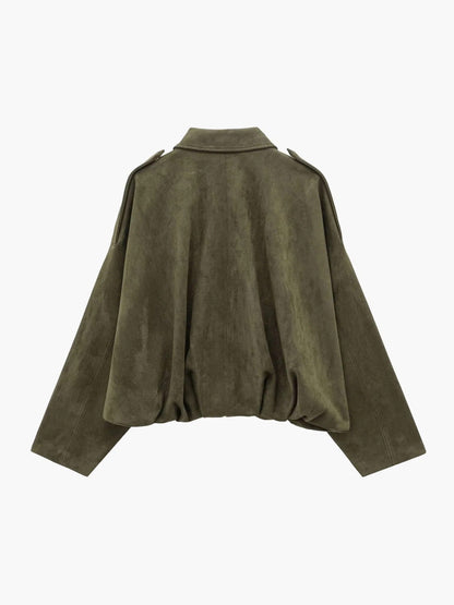 Faux suede collared bomber jacket, olive green, back view with ribbed collar