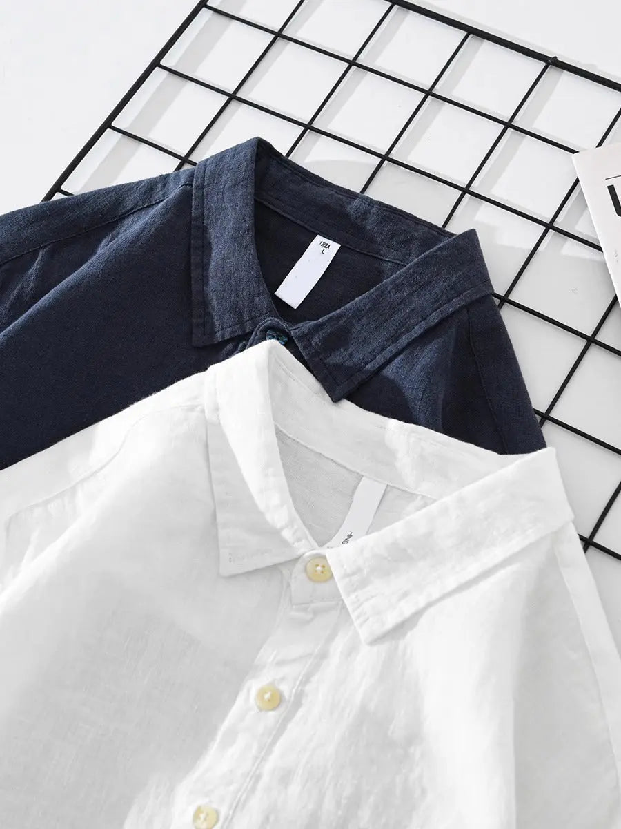 Men’s navy and white cotton-linen popover shirts close-up, button placket and collar
