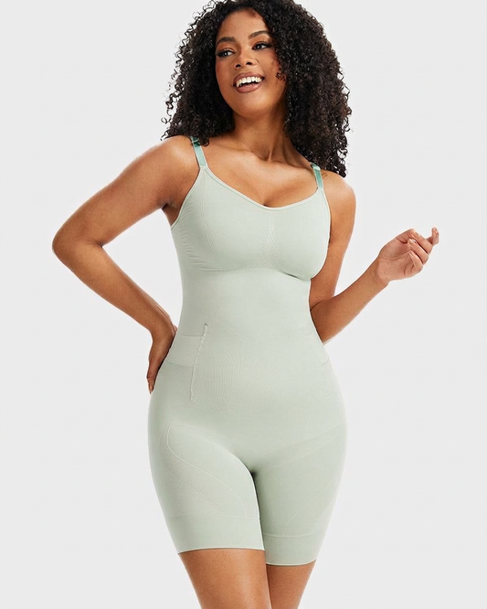 Light sage sculpting bodysuit with thin straps and smooth, high-waist fit