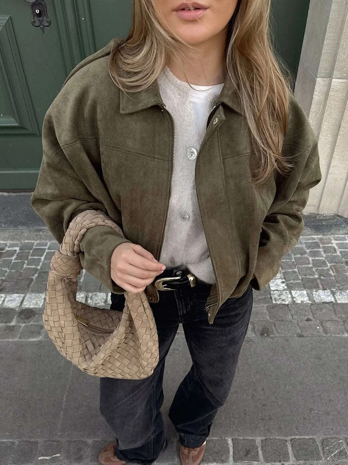 Women’s faux suede bomber jacket, olive green, collared front with zipper