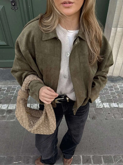 Women’s faux suede bomber jacket, olive green, collared front with zipper