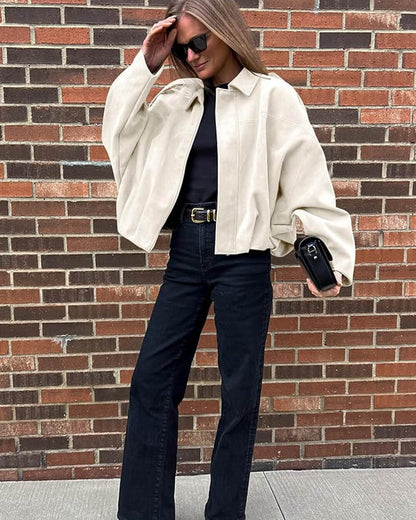 Women’s faux suede bomber jacket, white with collared neck and zip front