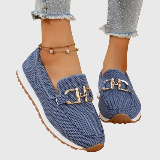 Blue textured ladies loafers with gold buckle detail and cushioned sole