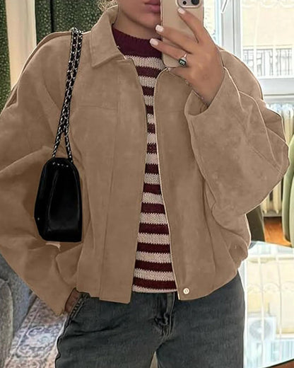 Women’s faux suede bomber jacket, tan brown, collared front with zipper