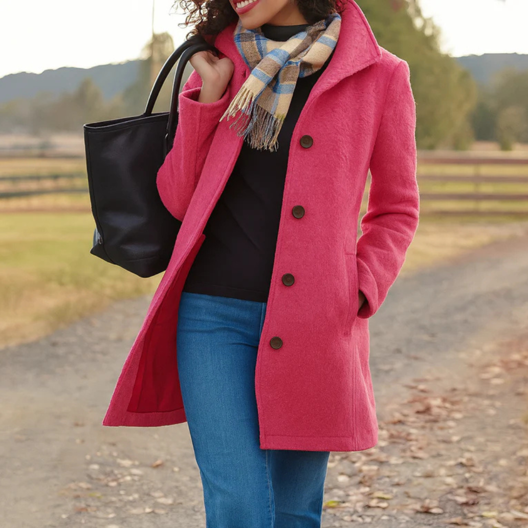 Women’s pink winter coat with front button placket and notch collar