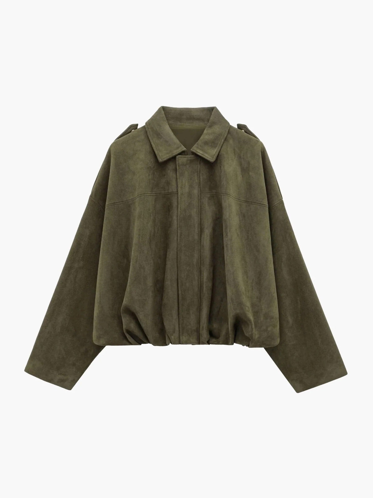 Faux suede collared bomber jacket, olive green, front zipper and structured shoulders