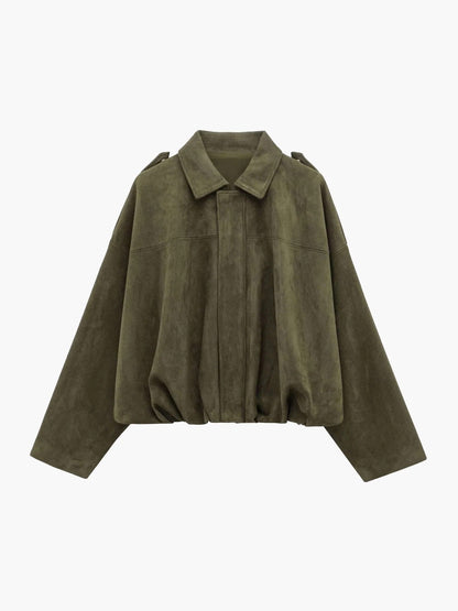 Faux suede collared bomber jacket, olive green, front zipper and structured shoulders