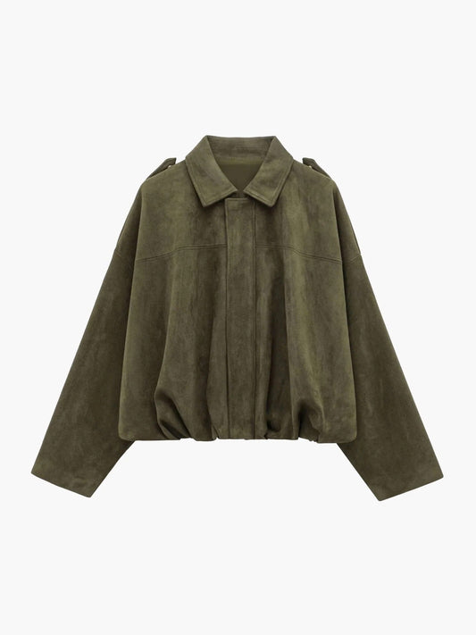 Faux suede collared bomber jacket, olive green, front zipper and structured shoulders
