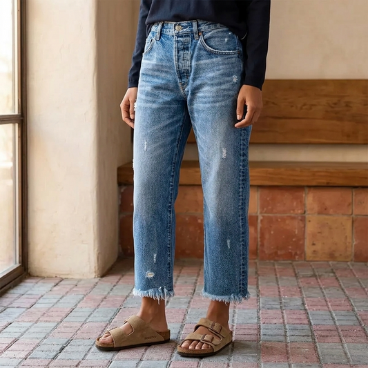 Women's retro fringed cropped straight-leg jeans, light blue wash with distressing