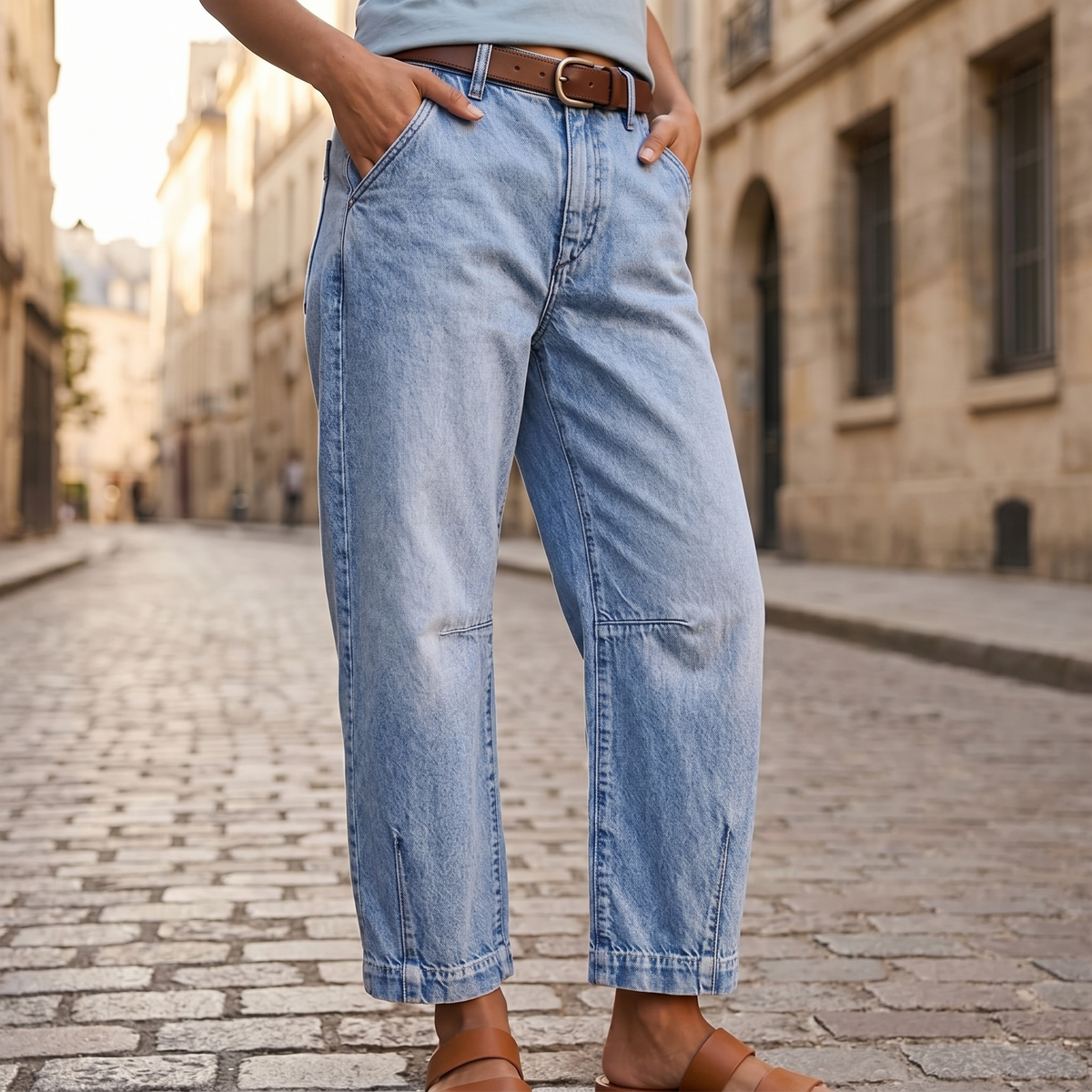 Women’s high-waisted cropped barrel jeans, light blue denim with relaxed straight legs