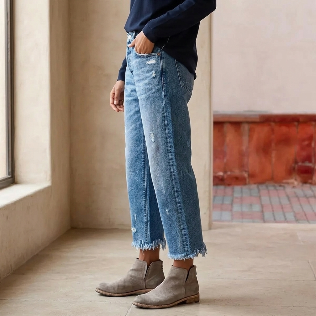 Women's retro cropped straight-leg jeans, light blue wash with frayed hem and distressing