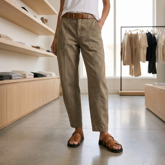 Warm khaki tailored utility pants with belt loops, front fly, and stitched side seams