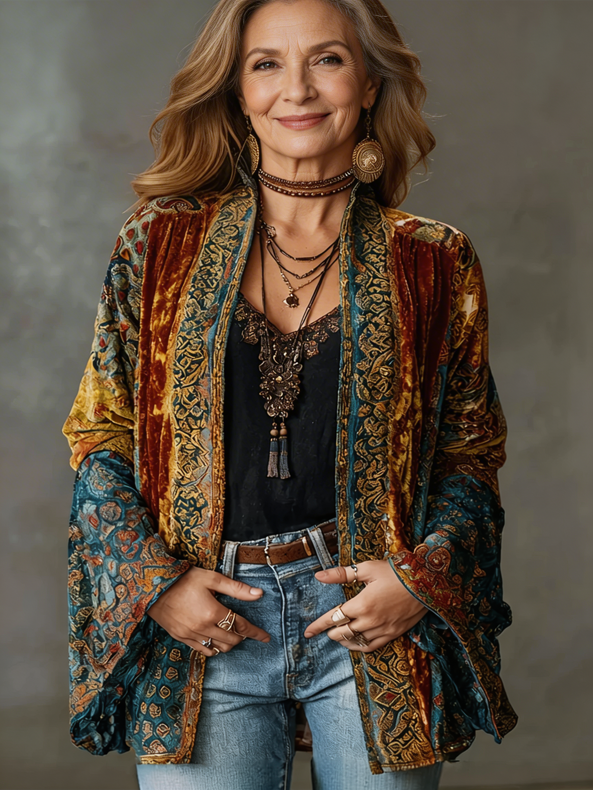 Burgundy boho kimono jacket with teal-gold paisley, open front