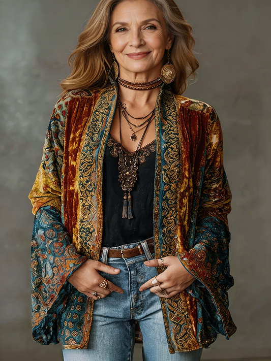 Burgundy boho kimono jacket with teal-gold paisley, open front