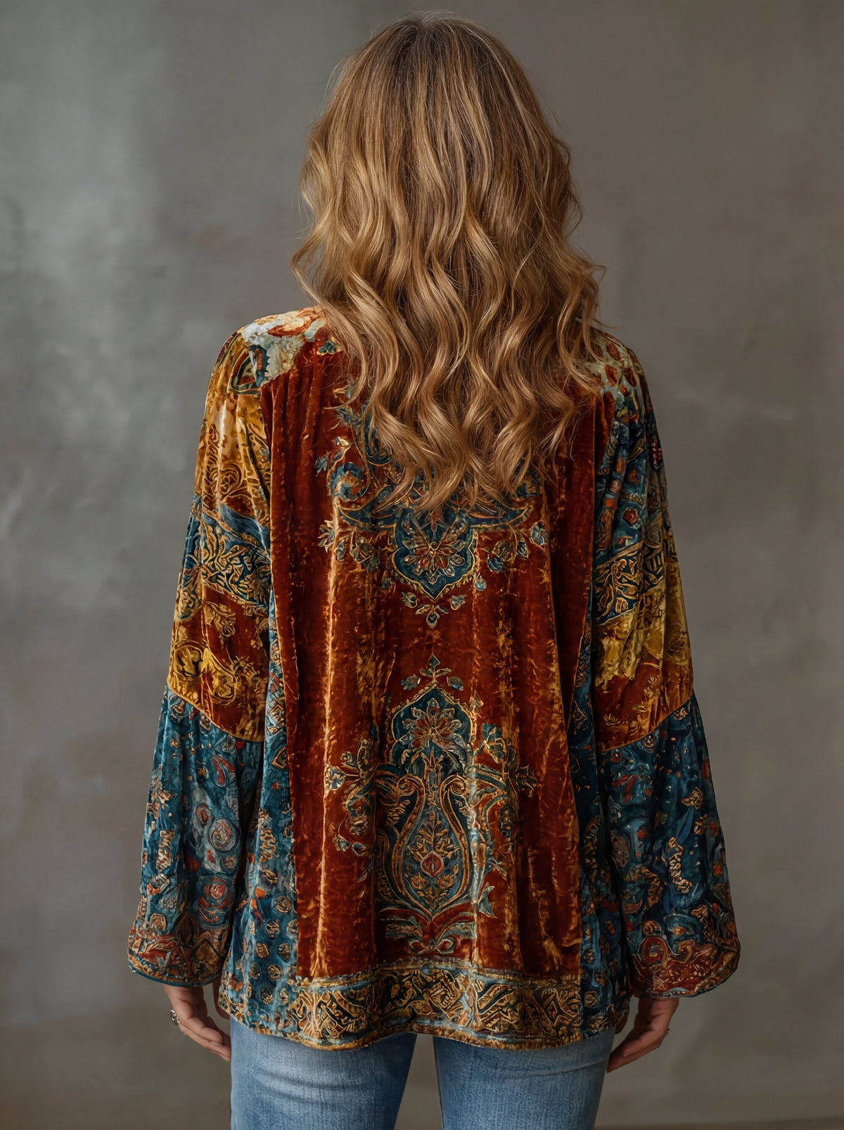 Burgundy boho kimono jacket, back view with teal-gold paisley medallions