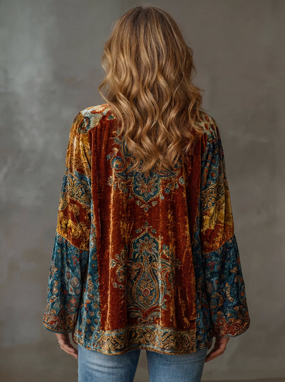Burgundy boho kimono jacket, back view with teal-gold paisley medallions