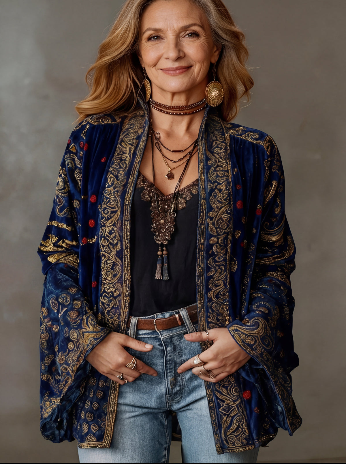 Midnight blue boho kimono jacket with teal-gold paisley, open front