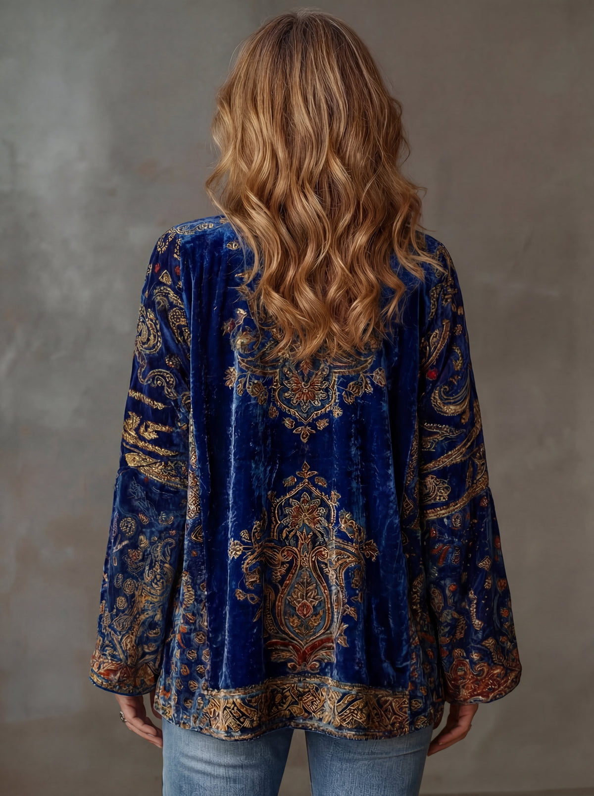 Midnight blue boho kimono jacket, back view with teal-gold paisley medallions