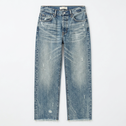 Women's vintage blue cropped straight jeans with distressed wash and frayed hem