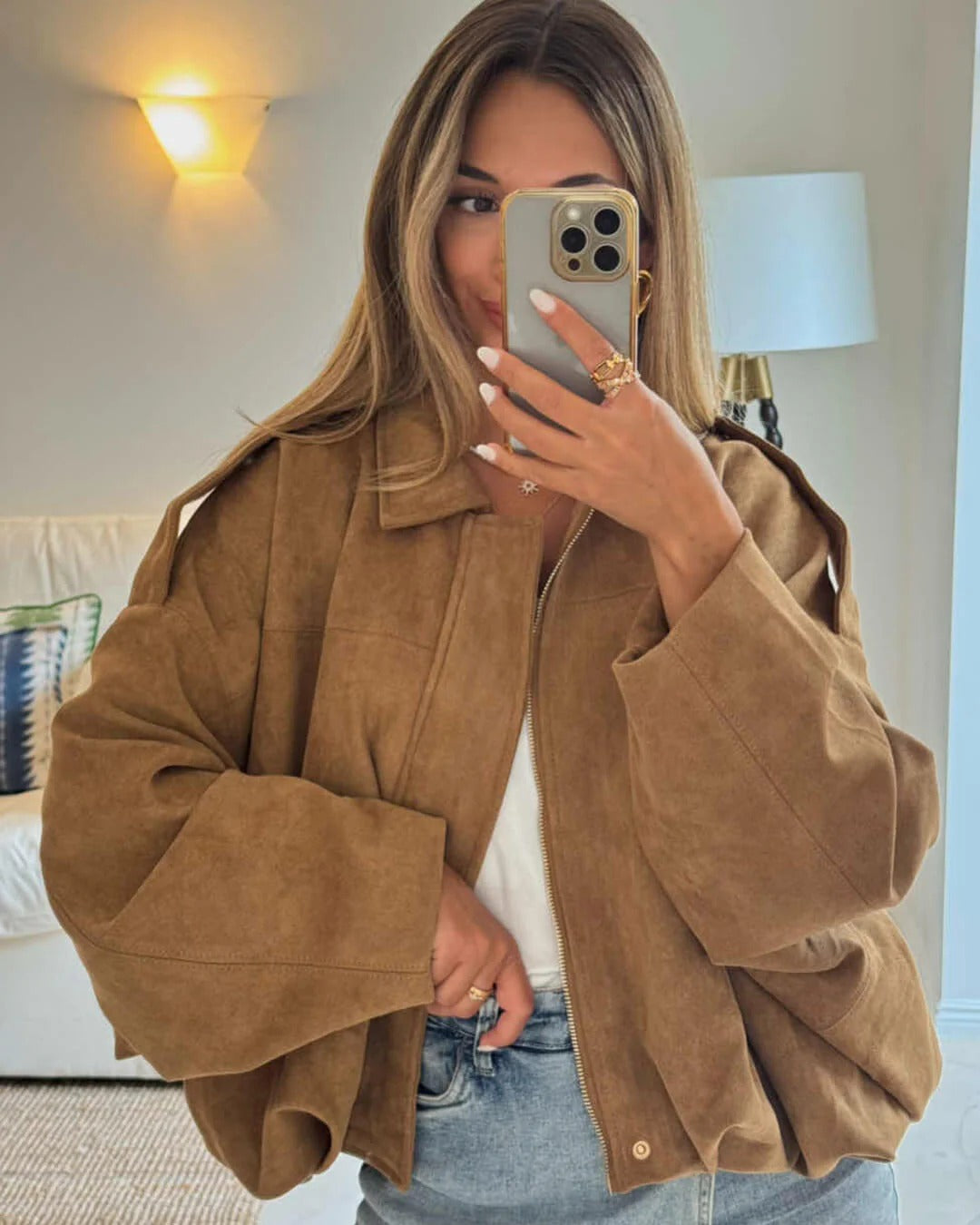 Women’s faux suede bomber jacket, brown suede-like with stand collar and zip
