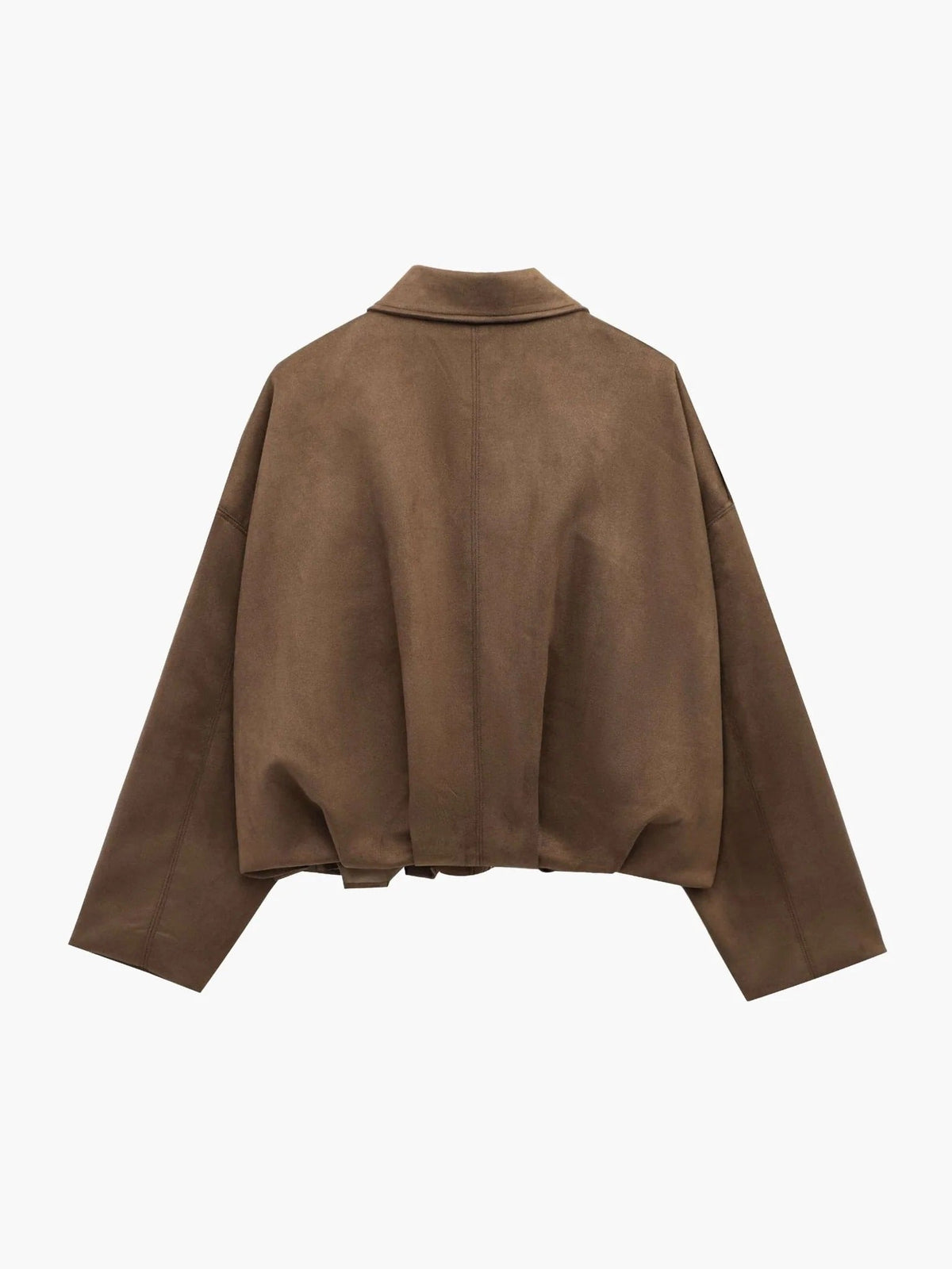 Women’s faux suede bomber jacket, brown back view with stand collar