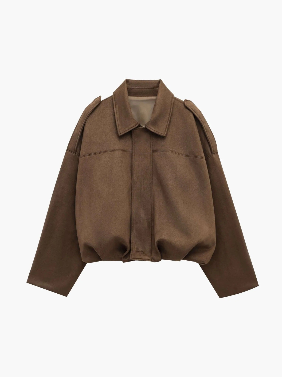 Women’s faux suede bomber jacket, brown with collared neck and zip front
