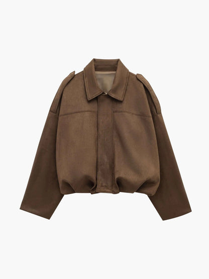 Women’s faux suede bomber jacket, brown with collared neck and zip front