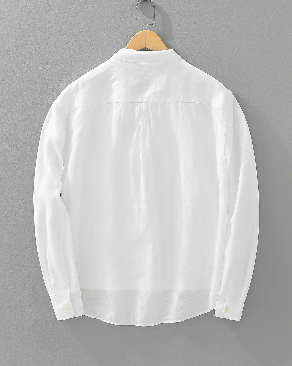 Men’s white cotton-linen popover shirt, back view with long sleeves