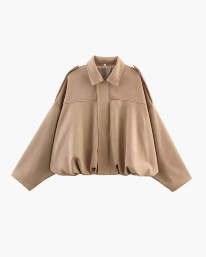 Faux suede collared bomber jacket, taupe, front zipper and relaxed fit