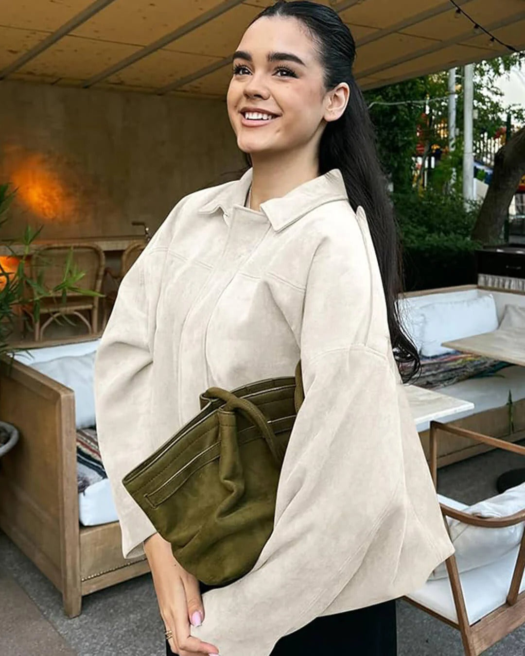 Women’s faux suede bomber jacket, off-white, collared front with side profile