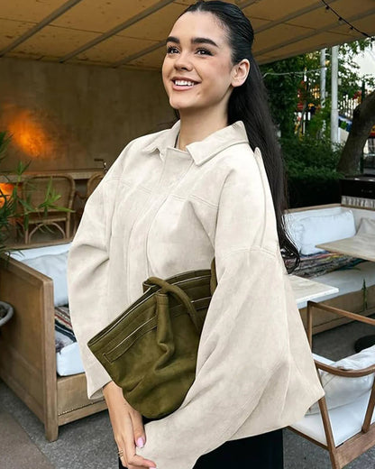 Women’s faux suede bomber jacket, off-white, collared front with side profile