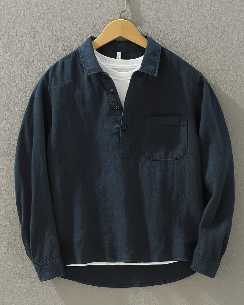 Men’s navy cotton-linen popover shirt with button placket and chest pocket, long sleeves