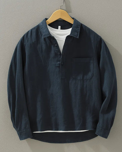 Men’s navy cotton-linen popover shirt with button placket and chest pocket, long sleeves