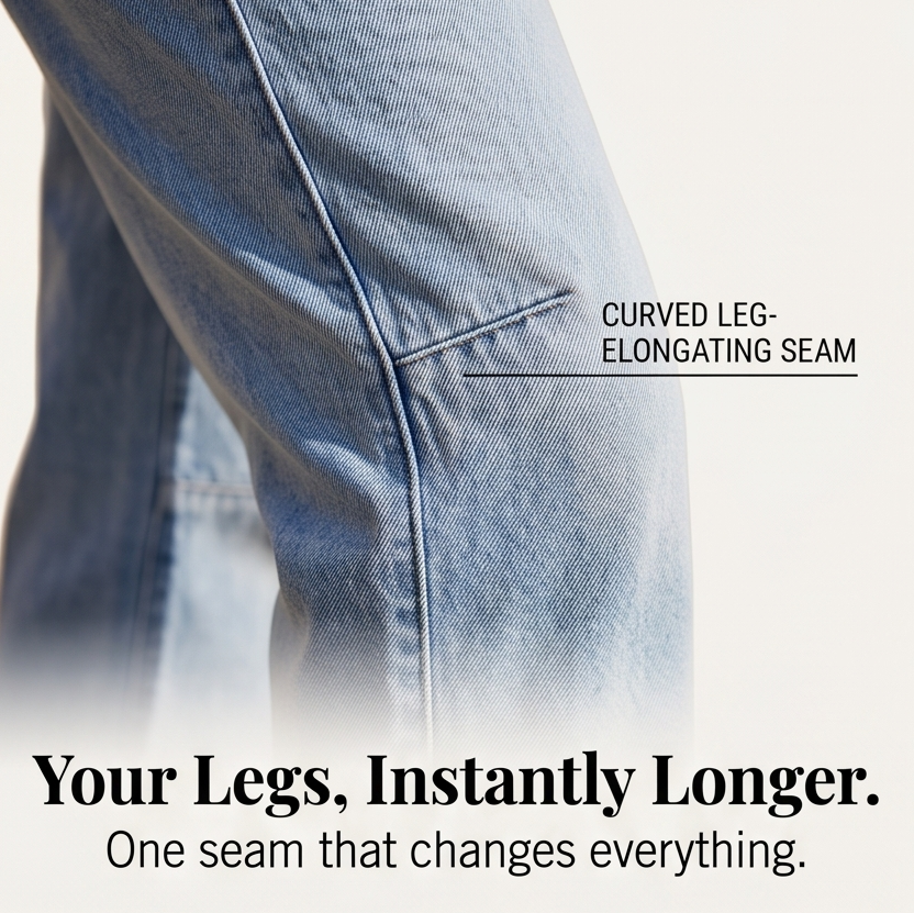 Light blue denim close-up showing curved leg seam at the outer leg