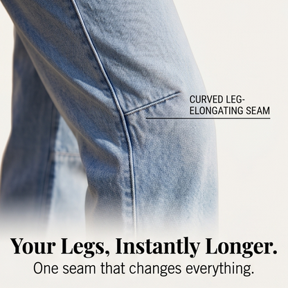 Light blue denim close-up showing curved leg seam at the outer leg