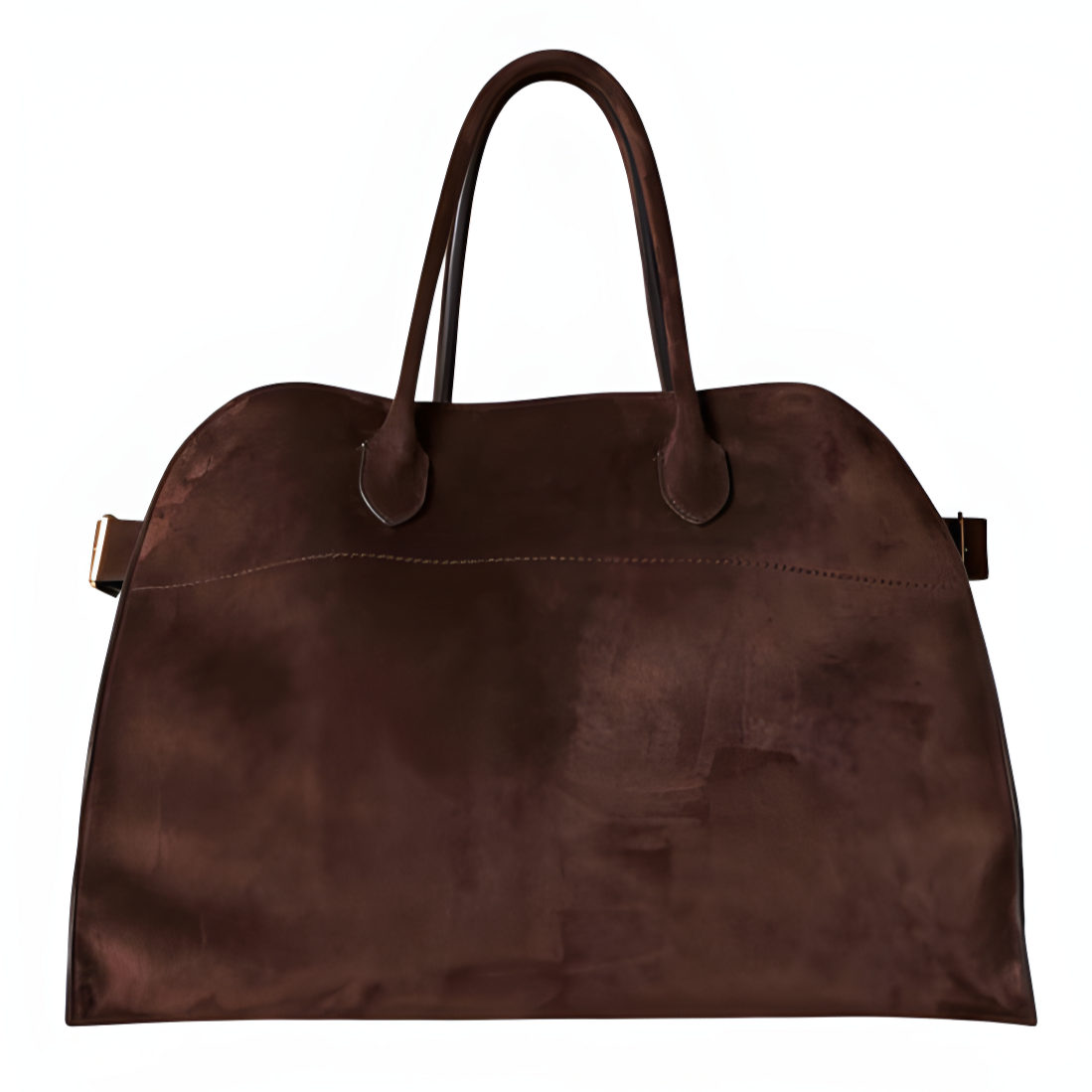 Brown suede tote handbag with two top handles, side straps, and stitched trim