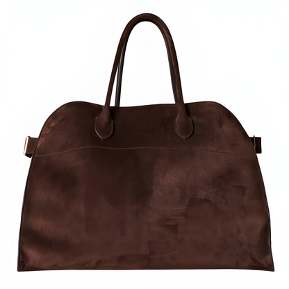 Brown suede tote handbag with two top handles and side straps with metal accents