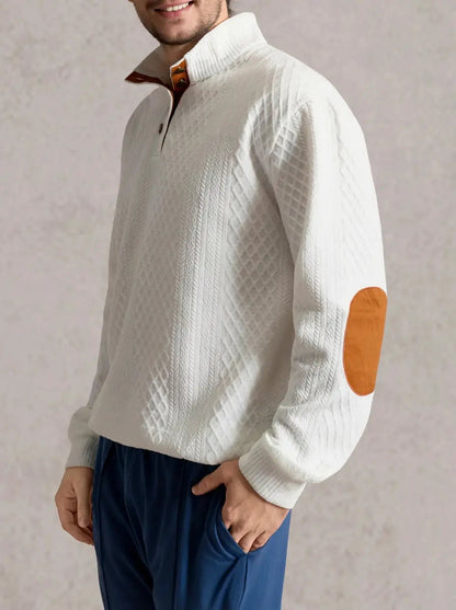 White cable knit quarter-button pullover sweatshirt with brown collar placket and long sleeves