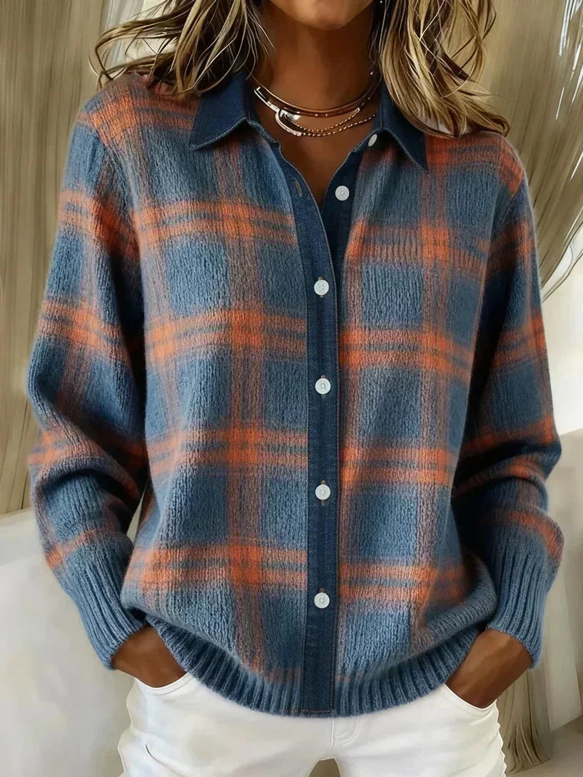 Blue plaid knit cardigan, button-front shirt collar, long sleeves, ribbed knit cuffs
