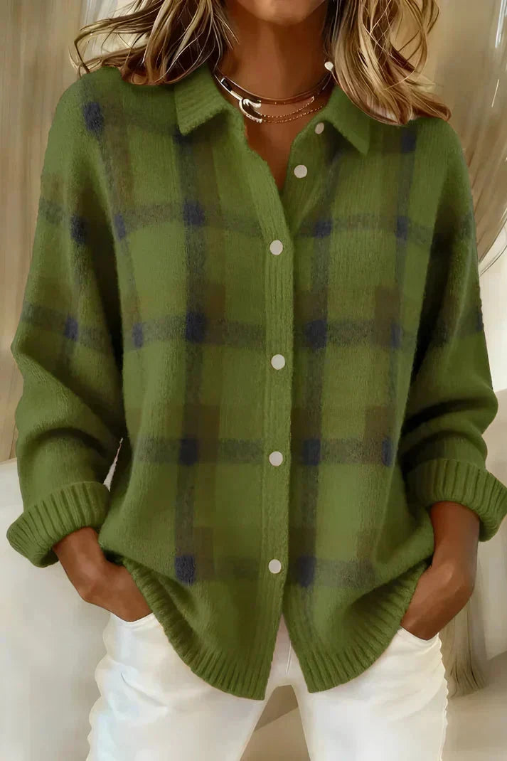 Green plaid knit cardigan with button-front and shirt collar, long sleeves, ribbed cuffs