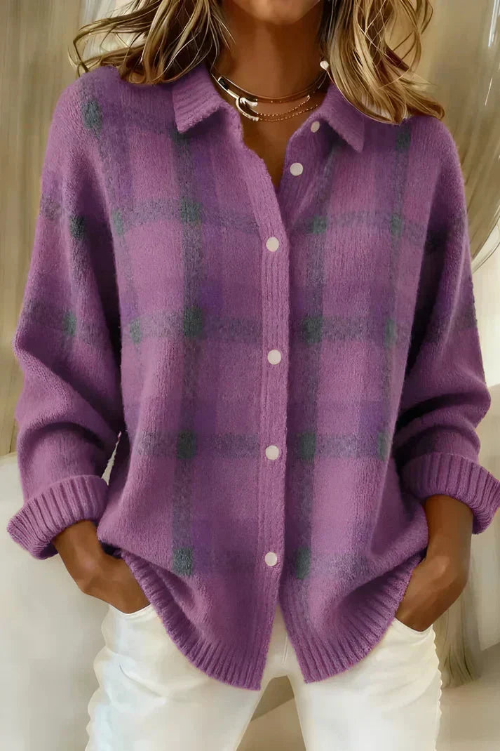 Purple plaid knit cardigan with button-front and shirt collar, long sleeves, ribbed cuffs