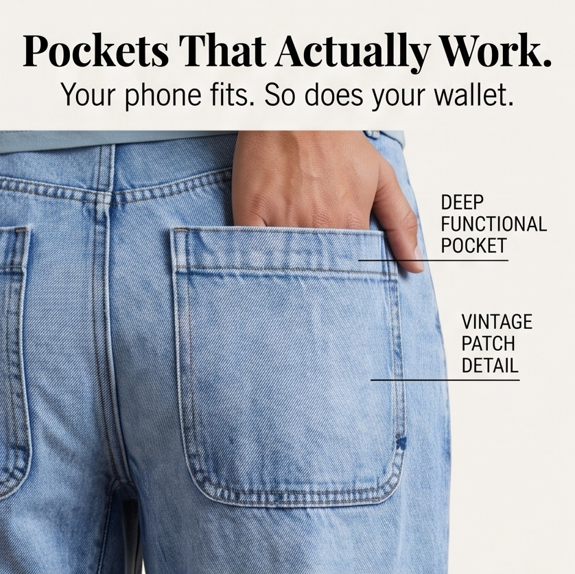 Light blue denim jeans with deep patch-style back pocket and visible stitching
