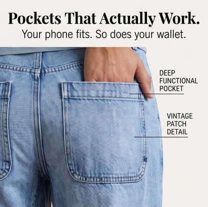 Light blue denim jeans with deep patch-style back pocket and visible stitching
